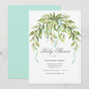 Blue Ribbons Greenery Elegant Baby Shower Invitation