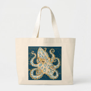 Blue Ring Octopus Indigo Vintage Map Nautical Large Tote Bag