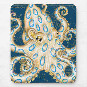 Blue Ring Octopus Indigo Vintage Map Nautical Mouse Mat