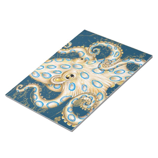 Blue Ring Octopus Indigo Vintage Map Nautical Notepad (Angled)