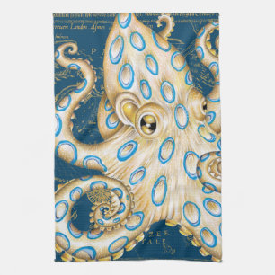 Blue Ring Octopus Indigo Vintage Map Nautical Tea Towel