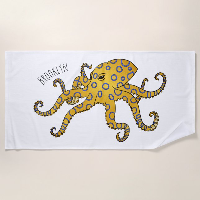 Blue-ringed octopus cartoon illustration beach towel (Front)