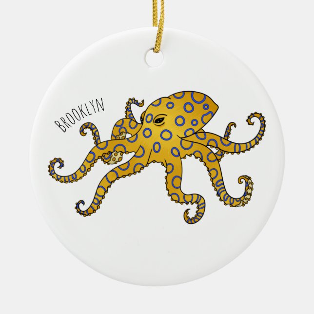 Blue-ringed octopus cartoon illustration ceramic tree decoration (Front)