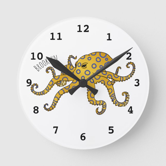 Blue-ringed octopus cartoon illustration round clock (Front)