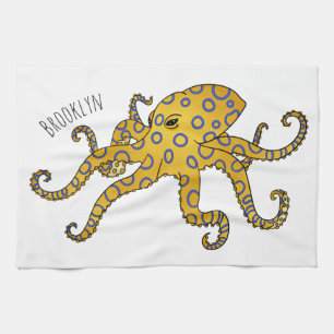 Blue-ringed octopus cartoon illustration tea towel