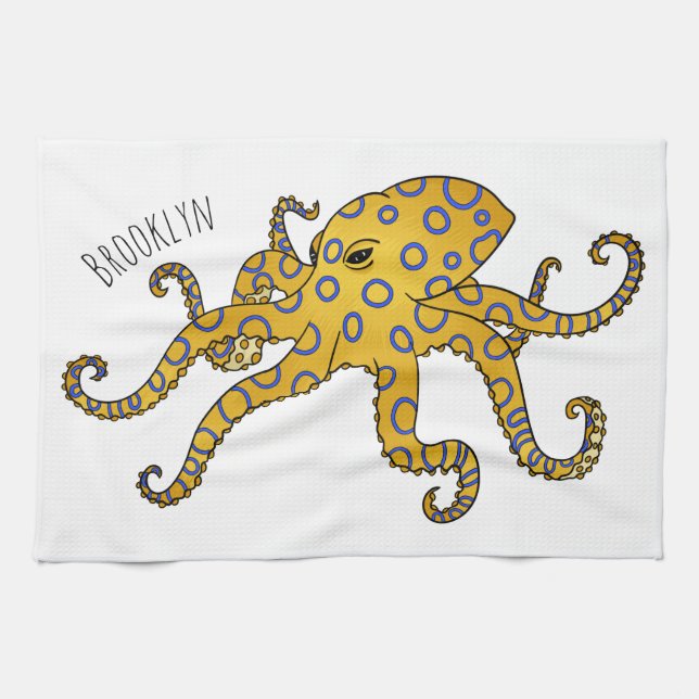 Blue-ringed octopus cartoon illustration  tea towel (Horizontal)