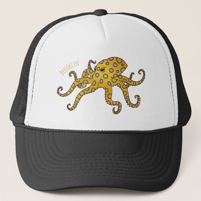 Blue-ringed octopus cartoon illustration  trucker hat (Front)