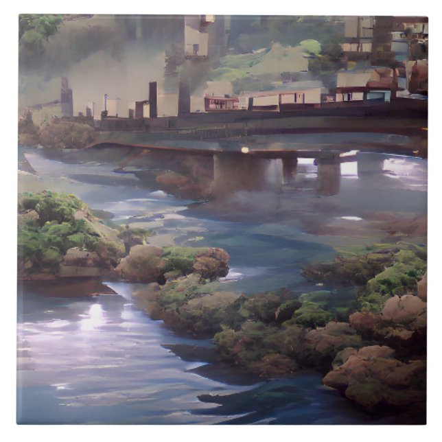 Blue river bridge digital art tile (Front)
