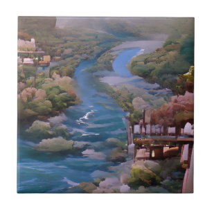 Blue river green trees digital art tile