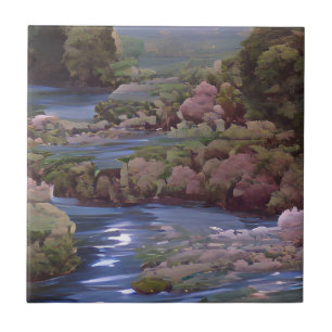Blue river green trees forests digital art tile