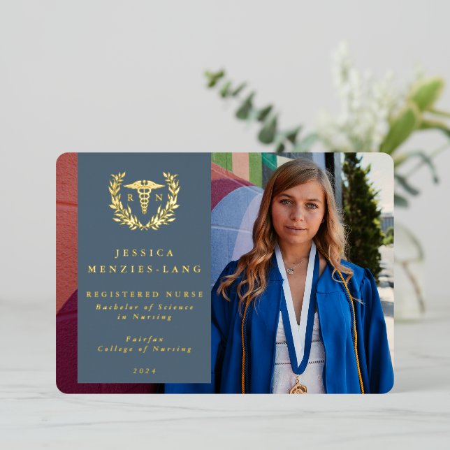 Blue RN Caduceus Graduation Photo Announcement (Standing Front)