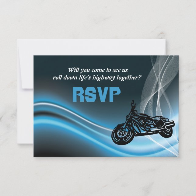 Blue road biker wedding RSVP response card (Front)
