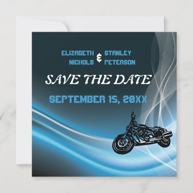 Blue road biker wedding Save the Date announcement (Front)