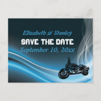 Blue road biker wedding Save the Date postcard