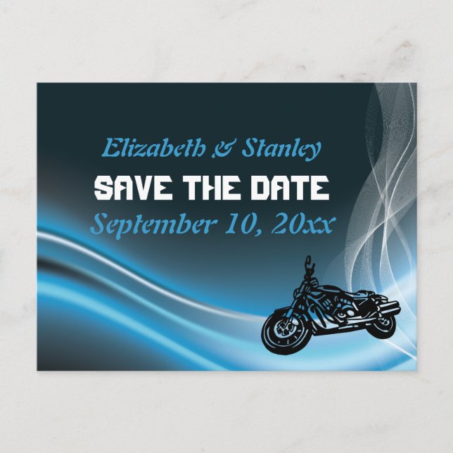 Blue road biker wedding Save the Date postcard (Front)
