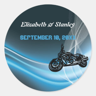 Blue road biker wedding Save the Date sticker