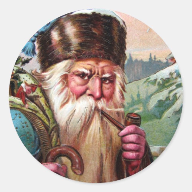Blue Robe Santa Claus Smoking Pipe - Christmas Classic Round Sticker (Front)