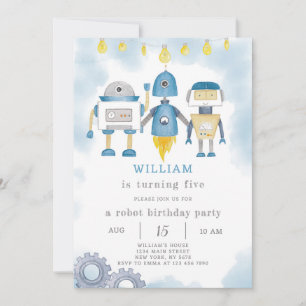 Blue Robot Birthday Invitation
