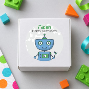 Blue Robot Boys Happy Birthday Classic Round Sticker