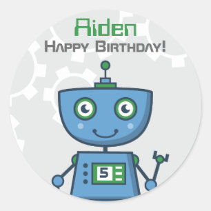Blue Robot Boys Happy Birthday Classic Round Sticker