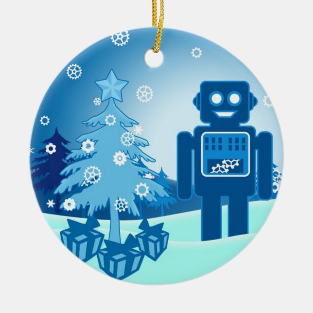 Blue Robot Chritsmas Ceramic Tree Decoration (Front)