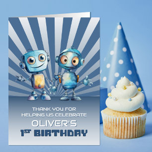 Blue Robot Theme 1st Birthday Thank You
