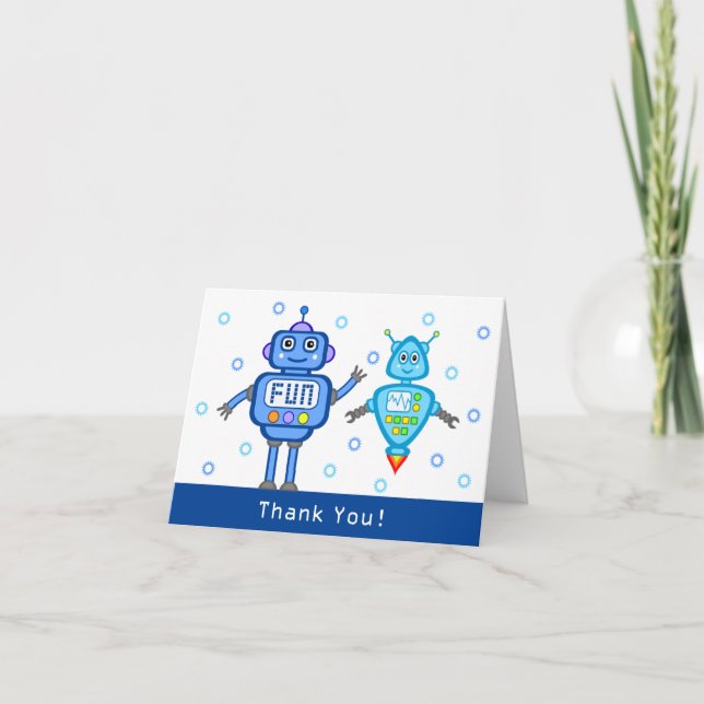 Blue Robots Birthday Party Thank You Card (Front)