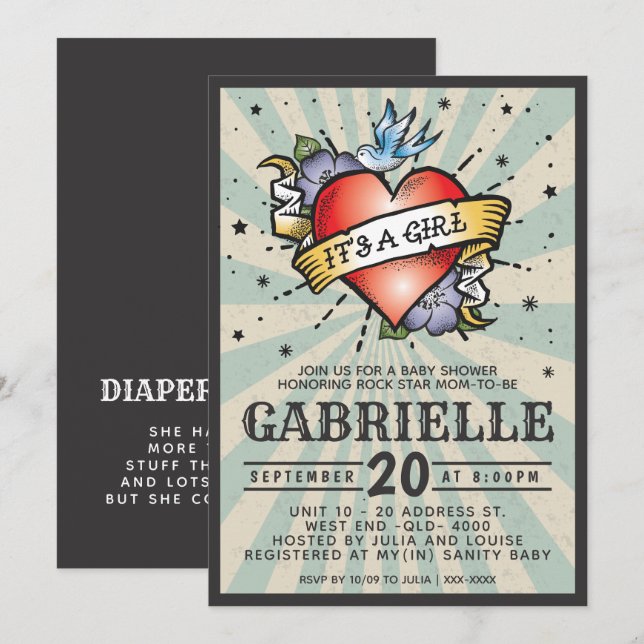 Blue Rock and Roll Tattoo Baby Shower Invitation (Front/Back)
