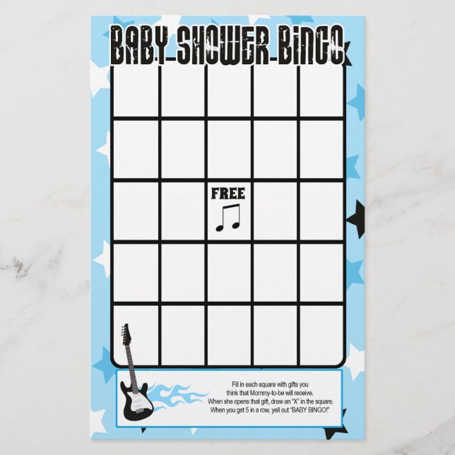 Blue Rock Star Baby Shower Bingo Game (Front)