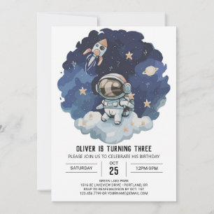 Blue Rocket Modern Astronaut Boy Birthday Invitation