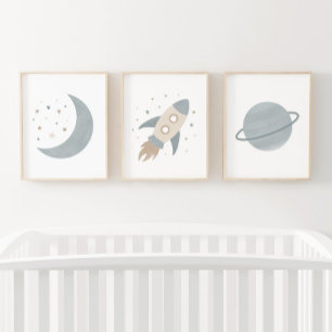 Blue Rocket Ship Moon Planet Outer Space Kids Room