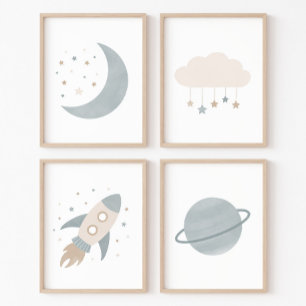 Blue Rocket Ship Moon Planet Outer Space Kids Room