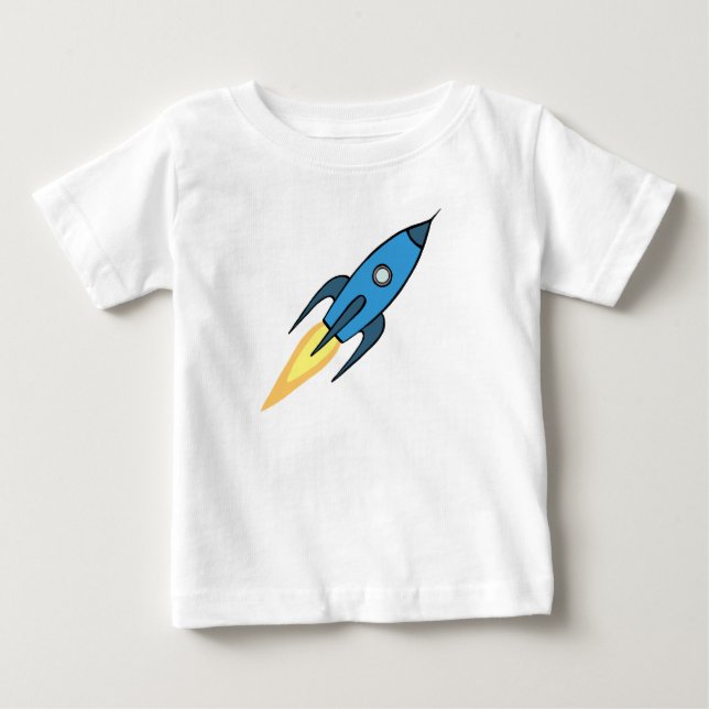 Blue Rocket Ship Outer Space Personalised Boy Cute Baby T-Shirt (Front)