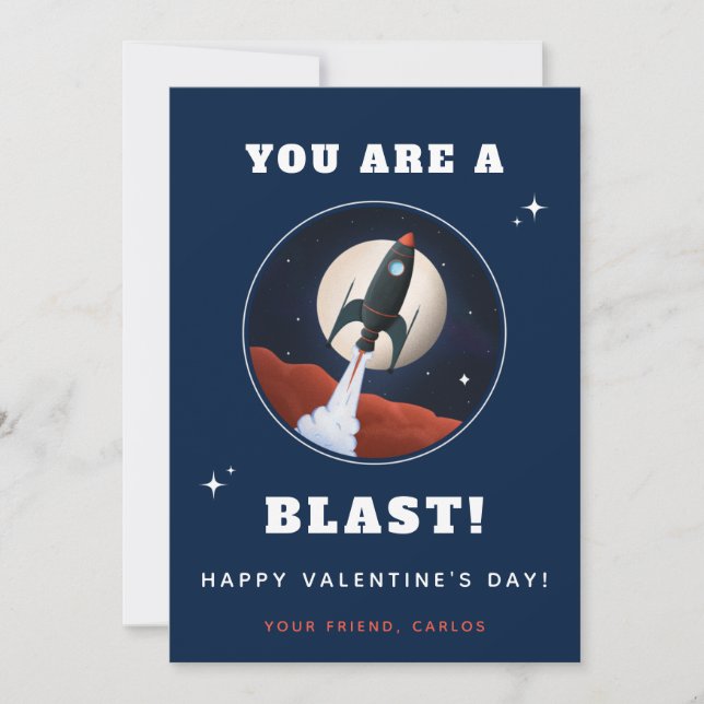 Blue Rocket Spaceship Boys Kids Valentine's Day Holiday Card (Front)
