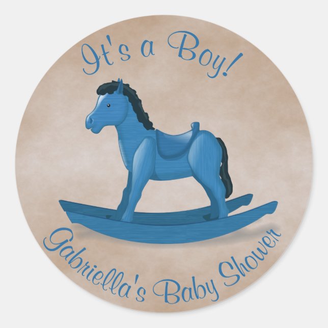 Blue Rocking Horse Baby Boy Classic Round Sticker (Front)