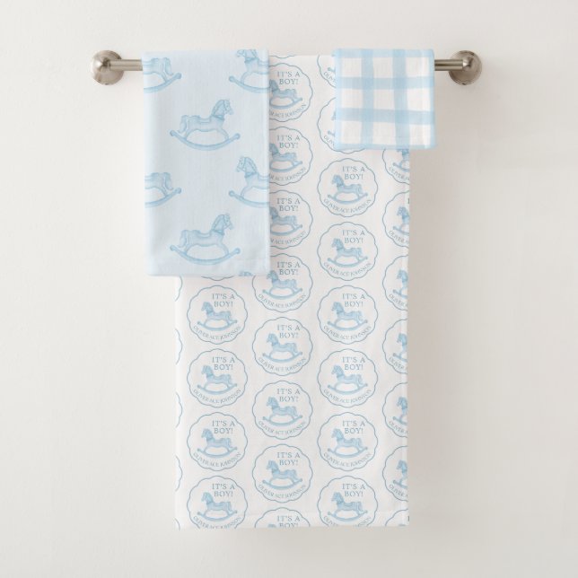 Blue Rocking Horse Baby Boy Personalised Towel Set (Insitu)