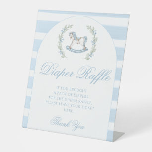 Blue rocking horse baby boy shower diaper raffle pedestal sign