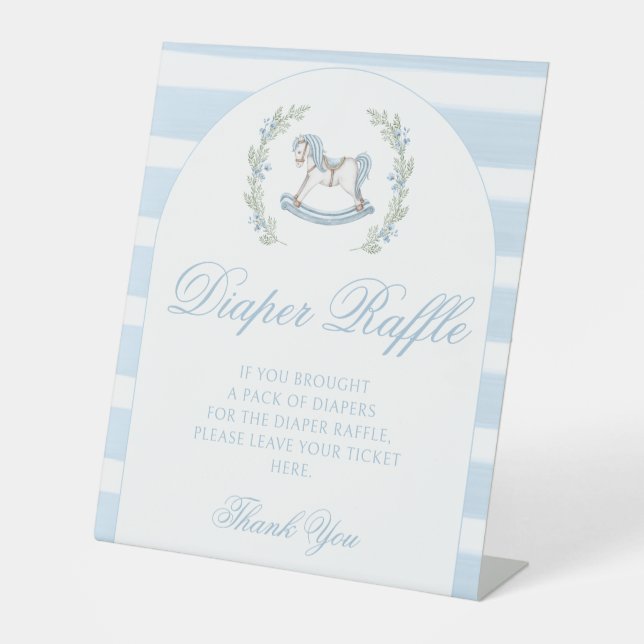 Blue rocking horse baby boy shower diaper raffle pedestal sign (Front)