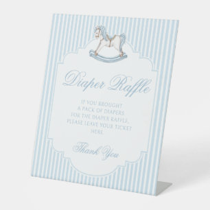 Blue rocking horse baby boy shower diaper raffle pedestal sign