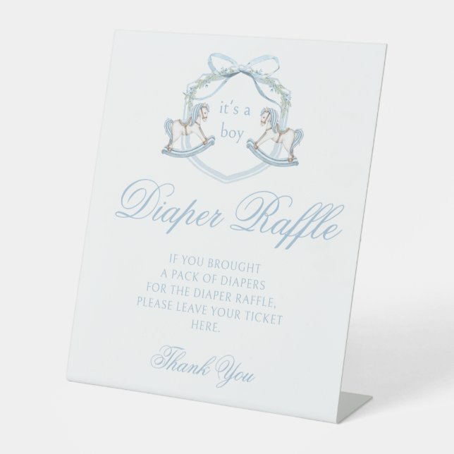 Blue rocking horse baby shower diaper raffle sign (Front)