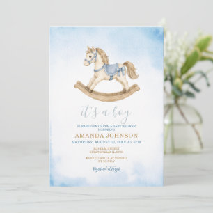 Blue Rocking Horse Baby Shower Invitation