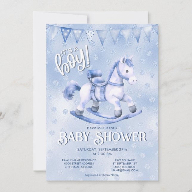Blue Rocking Horse Baby Shower Invitation (Front)
