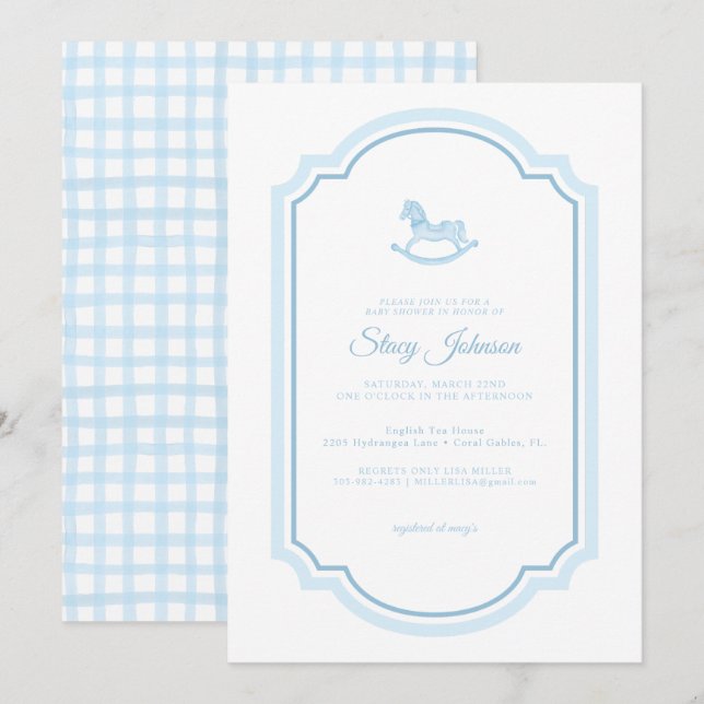 Blue Rocking Horse Baby Shower Invitation | Boy (Front/Back)
