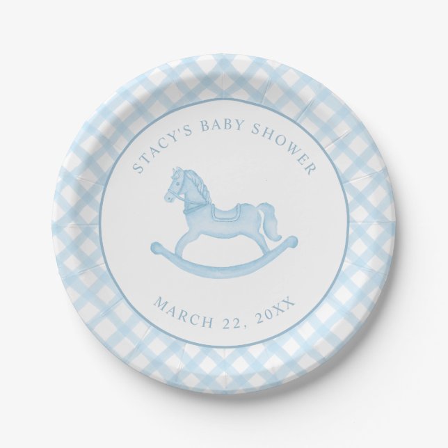 Blue Rocking Horse Baby Shower Paper Plates (Front)