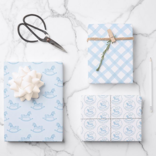 Blue Rocking Horse Baby Shower  Wrapping Paper Sheet (Front)