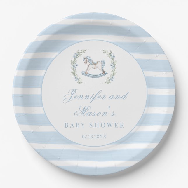 Blue rocking horse bohemian baby boy shower paper plate (Front)