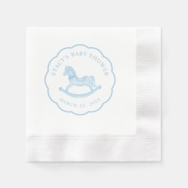 Blue Rocking Horse Boy Baby Shower Napkins (Front)