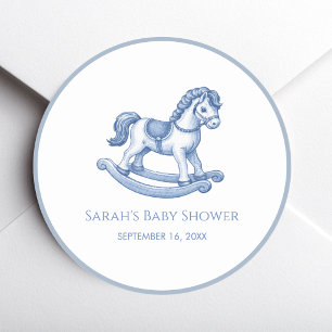 Blue Rocking Horse Boy Baby Shower Vintage Toy Classic Round Sticker