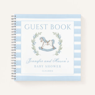 Blue rocking horse cute baby boy shower guest book