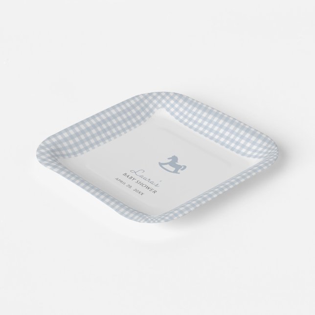 Blue Rocking Horse Gingham Border Boy Baby shower  Paper Plate (Angled)